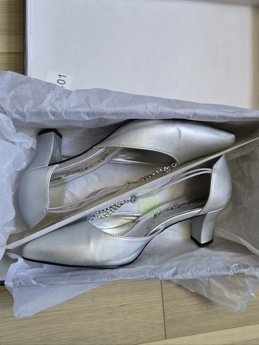 Easy Street Moonlight Silver T-Strap Pumps with Crystal Accent